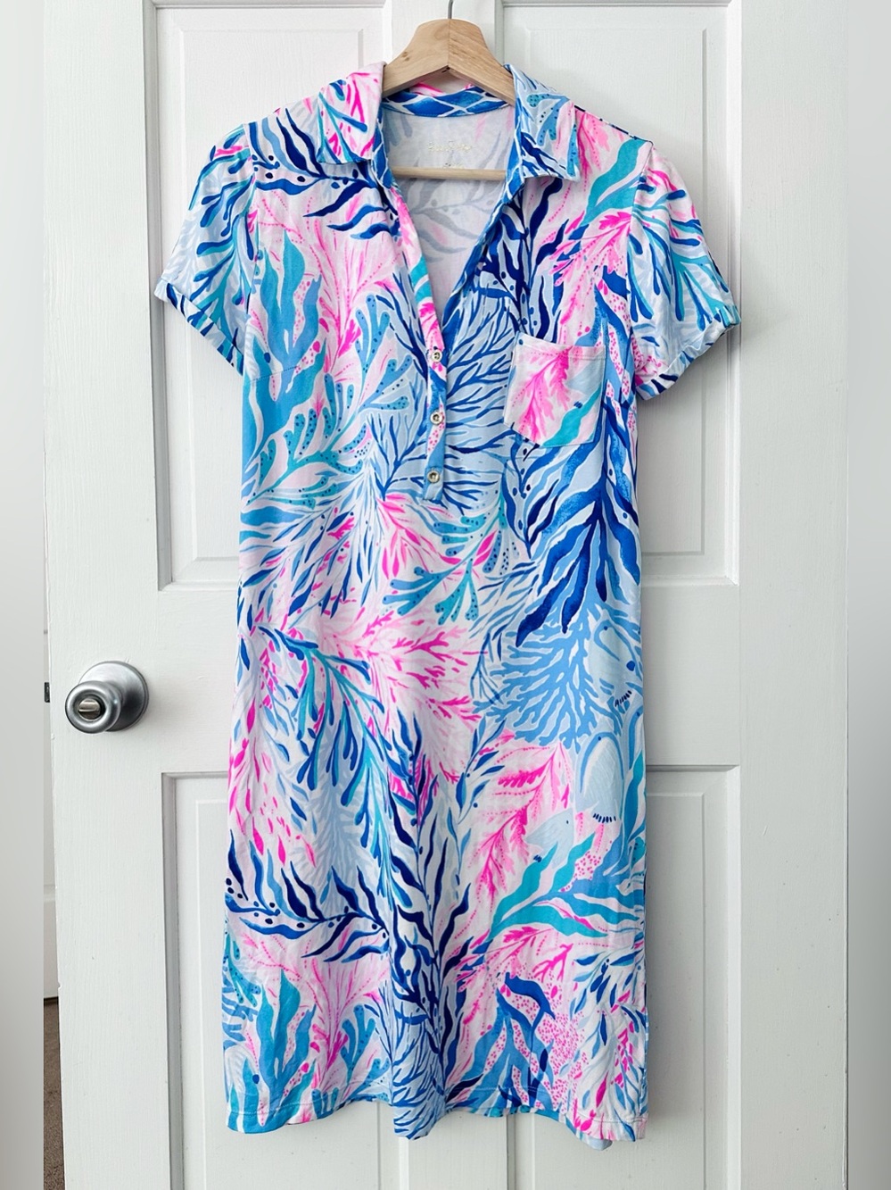 Lilly Pulitzer Sadie Polo Dress Kaleidoscope Coral Blue Tint Size S